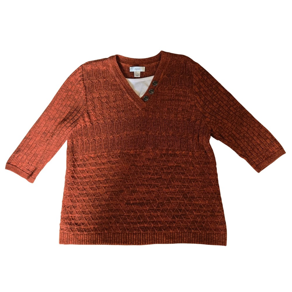 CJ Banks Womens 2X Textured Knit Cozy Rust‎ Button V-Neck Sweater 3/4 Sleeve
